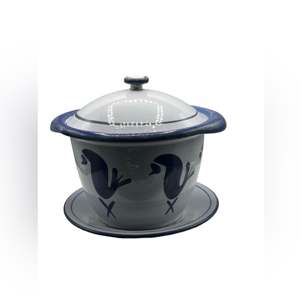 Vintage Husqvarna Cast Iron Enamelware Dutch Oven Blue Birds Pot Lid Plate